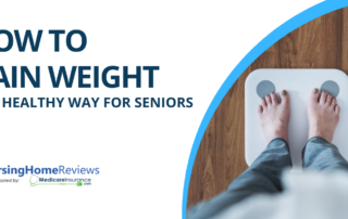 "How to gain weight in a healthy way for seniors" text over image of a woman standing on a scale from a first-person perspective.