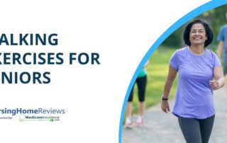 "Walking Exercises for Seniors" text over image of seniors walking together through a park.