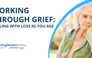 "Working Through Grief: Dealing With Loss as You Age" text over image of woman solemnly reflecting.