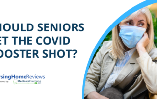 "Should seniors get the COVID booster shot?" text over image of senior woman wearing mask who is deep in thought