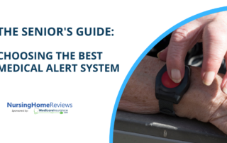 "The Senior's Guide: Choosing the Best Medical Alert System" text over image of senior activating a medical alert system